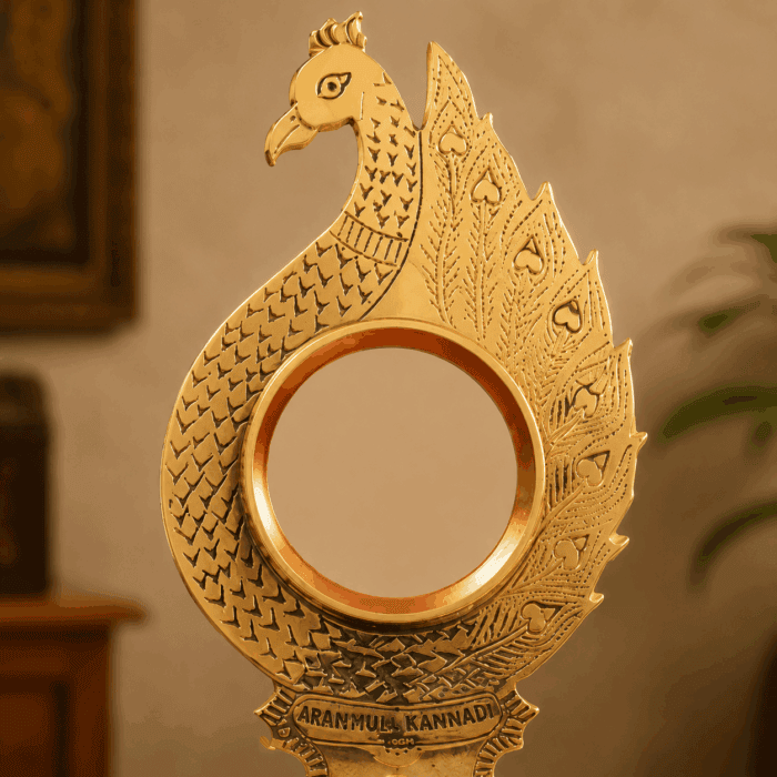 Authentic Aranmula Kannadi – Round Peacock Frame with Stand | Handcrafted Kerala Metal Mirror 2.5-Inch - Image 2