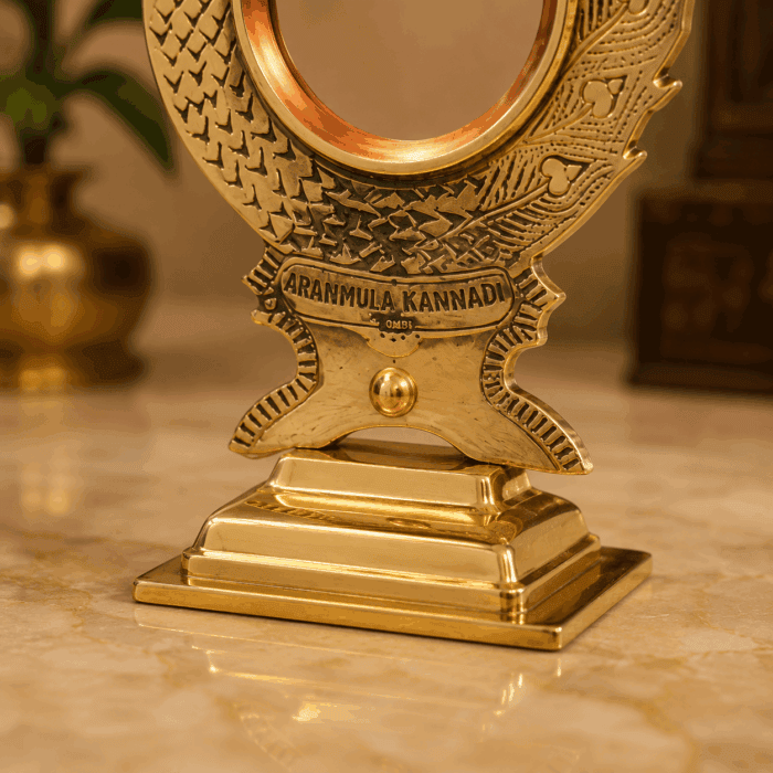 Authentic Aranmula Kannadi – Round Peacock Frame with Stand | Handcrafted Kerala Metal Mirror 2.5-Inch - Image 3