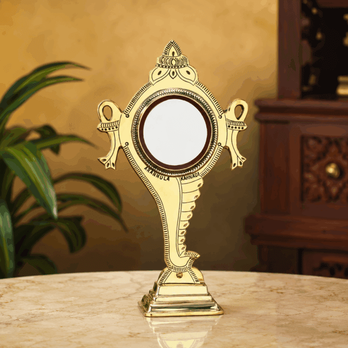 fixed stand 21(1) Authentic Shankh Peedom Special Model Aranmula Kannadi | Handmade Kerala Metal Mirror 3-Inch - Image 1