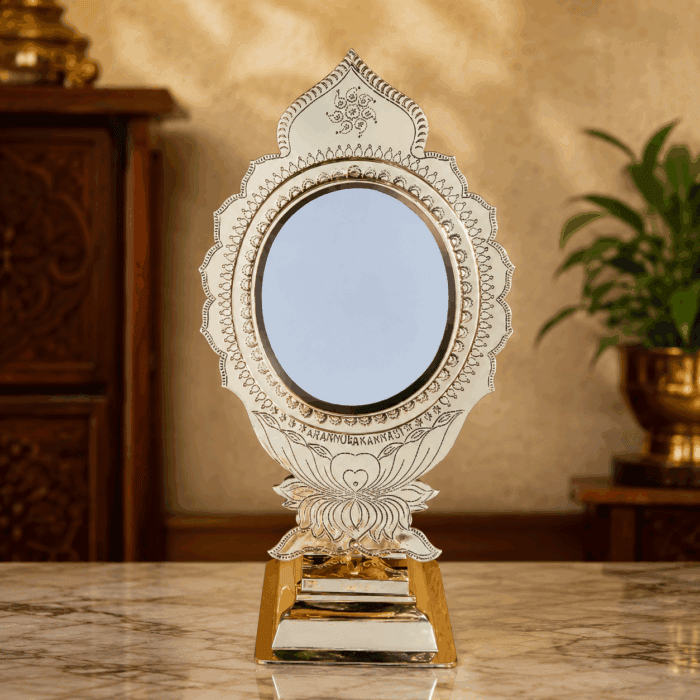 fixed stand 22(1) Aranmula Kannadi (Metal Mirror) – Floral Design Frame with Stand | Authentic Handcrafted Kerala Mirror 6 Inch - Image 1