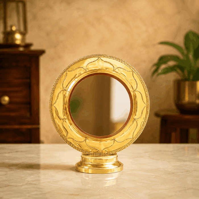 fixed stand 23(1) Authentic Round Model Aranmula Kannadi with Fixed Stand | Handmade Kerala Metal Mirror 5.5 Inch - Image 1