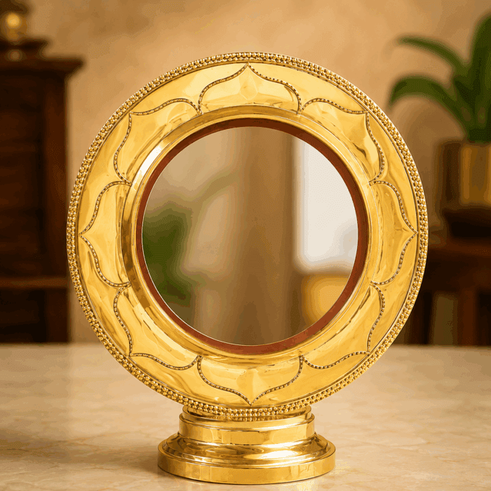 Authentic Round Model Aranmula Kannadi with Fixed Stand | Handmade Kerala Metal Mirror 5.5 Inch - Image 2