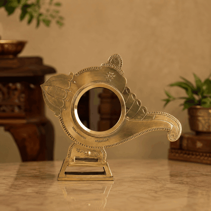 fixed stand 24(1) Aranmula Kannadi – Projection Shank Model Metal Mirror | Authentic Handcrafted Kerala Mirror 4 Inch - Image 1