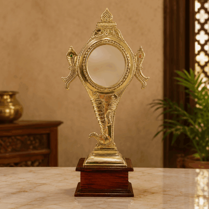 fixed stand 26(1) Aranmula Kannadi with Wooden Base | Authentic Handcrafted Kerala Metal Mirror 5 Inch - Image 1