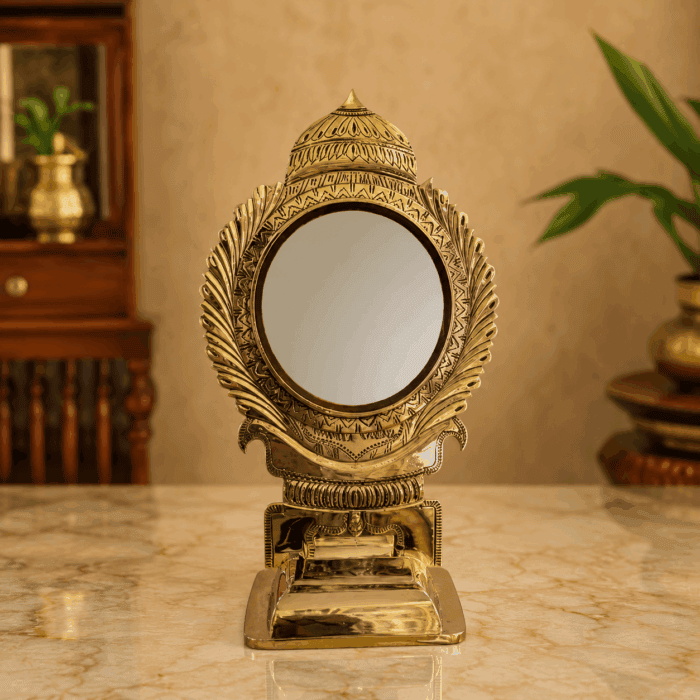 fixed stand 27(1) Aranmula Kannadi with Designed Edge | Authentic Handcrafted Kerala Metal Mirror 5 Inch - Image 1