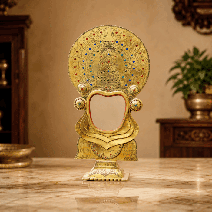 fixed stand 28(1) The Royal Kathakali Face Model Aranmula Kannadi with Fixed Stand | Authentic Handcrafted Kerala Metal Mirror 5.5 Inch - Image 1