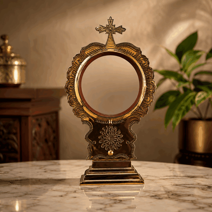 fixed stand 30(1) Authentic Aranmula Kannadi Kurishu Model | Handmade Metal Mirror from Kerala 4-Inch - Image 1