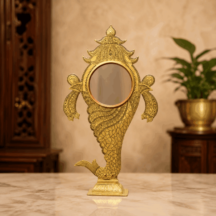 fixed stand 31(1) Aranmula Kannadi – Shank Peedom Model Metal Mirror | Authentic Handcrafted Kerala Mirror 6 Inch - Image 1