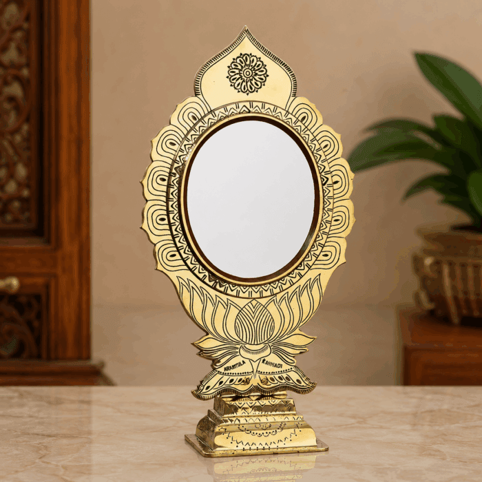 Aranmula Kannadi – Floral Design Frame with Stand | Authentic Handcrafted Kerala Metal Mirror – 6 Inch - Image 1