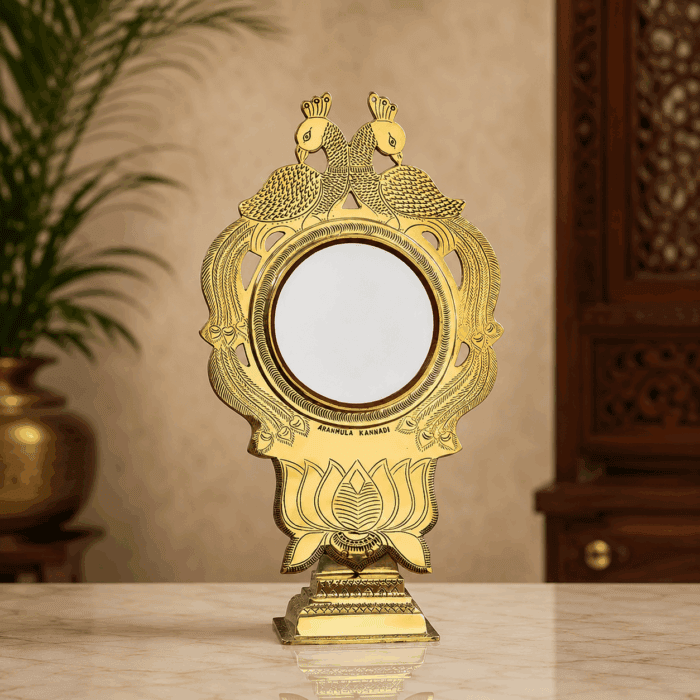fixed stand 8(1) Authentic Double-Sided Peacock Model Aranmula Kannadi | Handmade Kerala Metal Mirror with Fixed Stand 5.25-Inch - Image 1