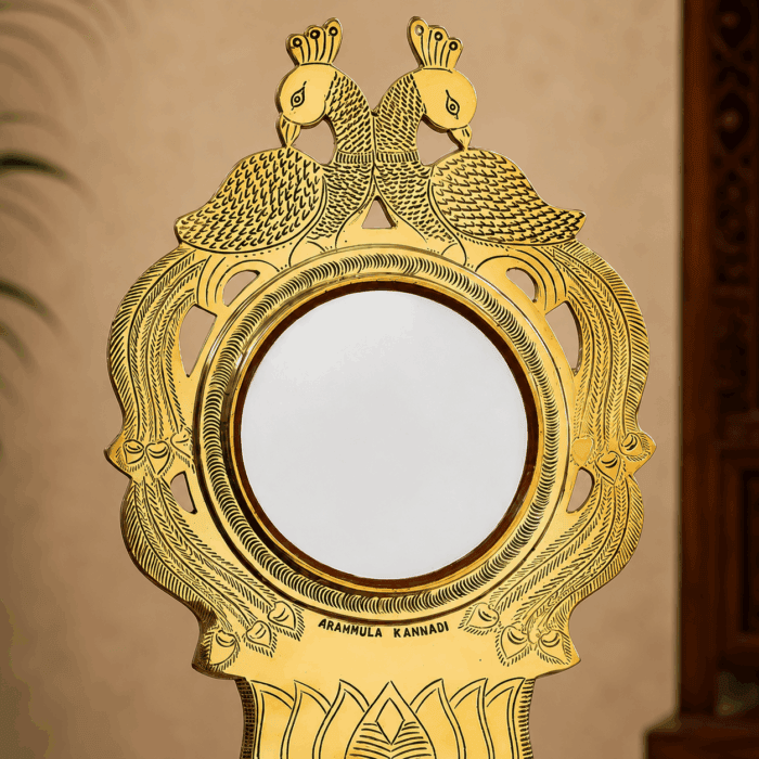 Authentic Double-Sided Peacock Model Aranmula Kannadi | Handmade Kerala Metal Mirror with Fixed Stand 5.25-Inch - Image 2