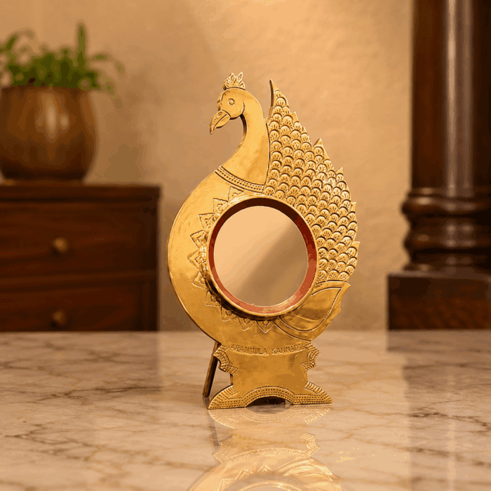 standing kannadi 10(1) Peacock Model Aranmula Kannadi with Back Stand | Authentic Traditional Handcrafted Metal Mirror from Kerala - 2.5" - Image 1