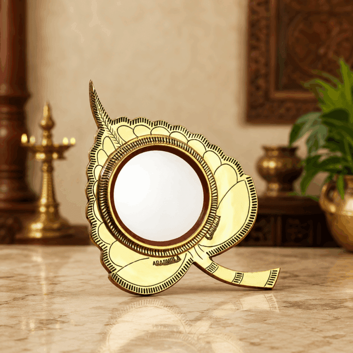 standing kannadi 1(1) Aranmula Kannadi – Alila Model with Back Stand | Authentic Traditional Handcrafted Metal Mirror from Kerala - 3" - Image 1