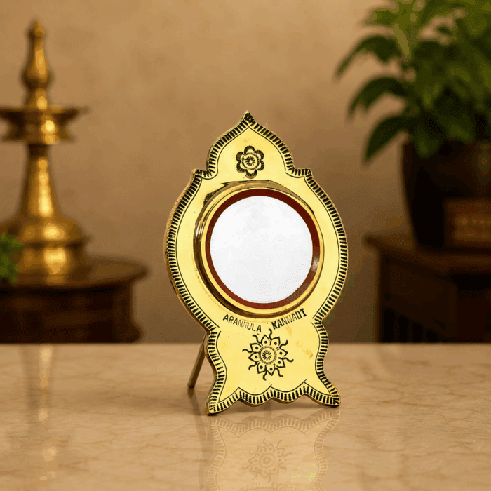 standing kannadi 3(1) Aranmula Kannadi – Authentic Traditional Handcrafted Metal Mirror with Back Stand from Kerala - 2.5" - Image 1