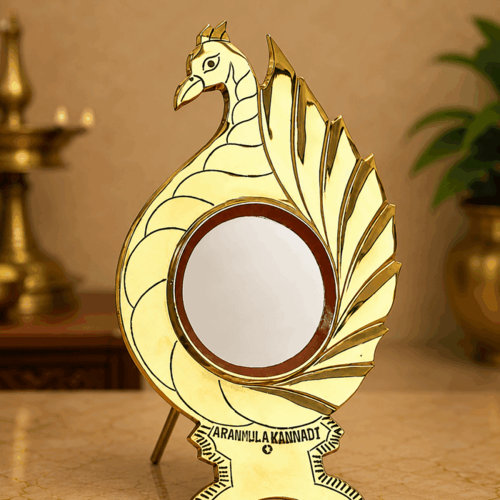 Aranmula Kannadi – Peacock Model with Back Stand | Authentic Traditional Handcrafted Metal Mirror from Kerala - 2.5" - Image 2