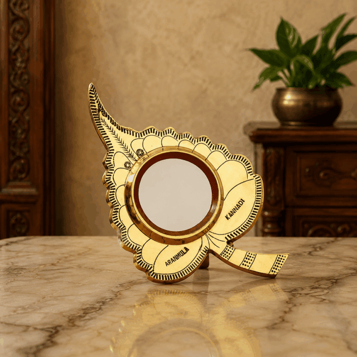 standing kannadi 6(1) Aranmula Kannadi – Alila Model with Back Stand | Authentic Traditional Handcrafted Metal Mirror from Kerala - 2.5" - Image 1