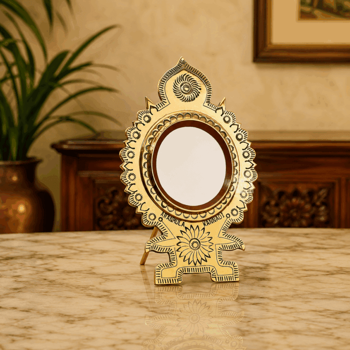 standing kannadi 7(1) Aranmula Kannadi – Round Frame with Back Stand | Authentic Traditional Handcrafted Metal Mirror from Kerala - 2.75" - Image 1