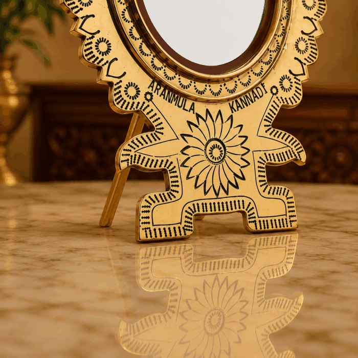 Aranmula Kannadi – Round Frame with Back Stand | Authentic Traditional Handcrafted Metal Mirror from Kerala - 2.75" - Image 3