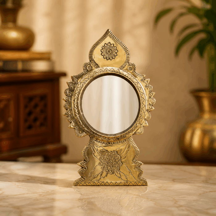 standing kannadi 8(1) Aranmula Kannadi – Elegant Round Model with Back Stand | Authentic Traditional Handcrafted Metal Mirror from Kerala - 4" - Image 1