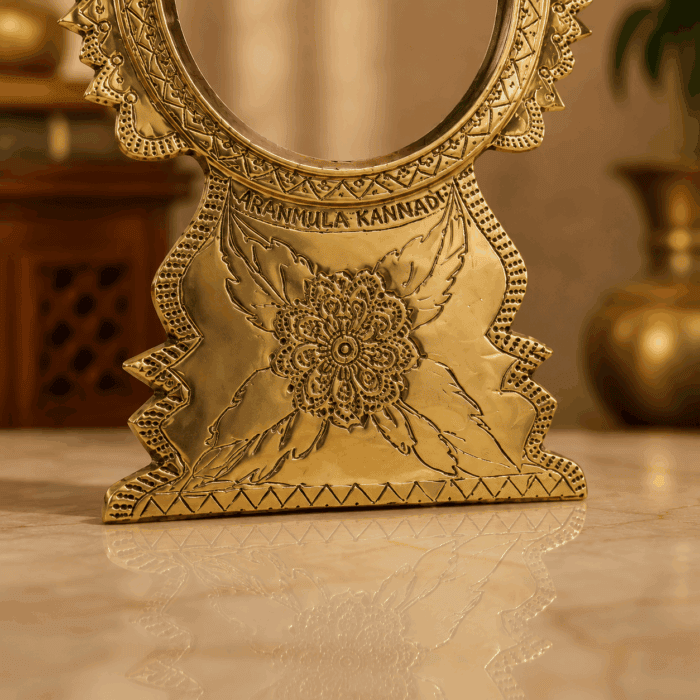 Aranmula Kannadi – Elegant Round Model with Back Stand | Authentic Traditional Handcrafted Metal Mirror from Kerala - 4" - Image 2